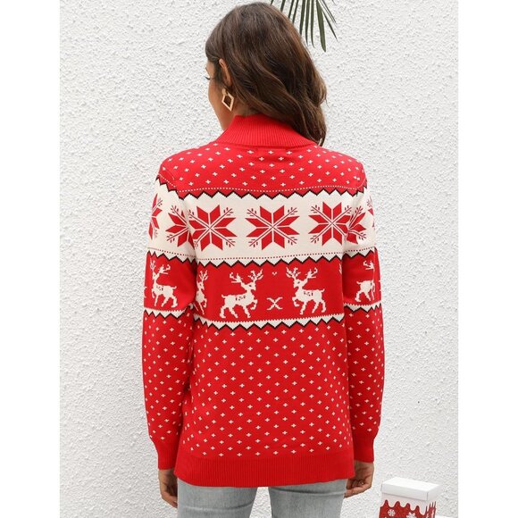 Women Ugly Christmas Red Sweater Reindeer Snowflake Knit Pullover Crew Neck - Picture 5 of 5